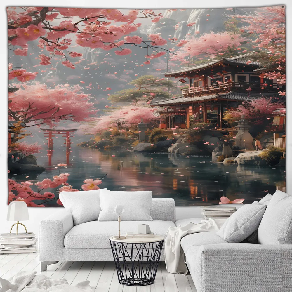 Japanese Landscape Tapestry Pink Cherry Blossom Flowers Misty Mountain Asian Scenery Home Living Room Bedroom Decor Wall Hanging