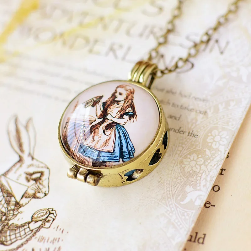 Women Vintage Bronze Color Locket Perfume Necklace Alice In Wonderland Essential Oil Diffuser Necklace For Kids Girls Gifts