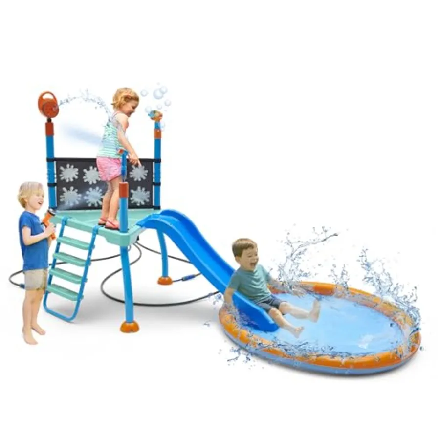 

Outdoor Toddler Water Toys Sprinkler Pool Play Splash Pad Station Water Slide Equipment with Bubble Blower Water Reveal Colorin
