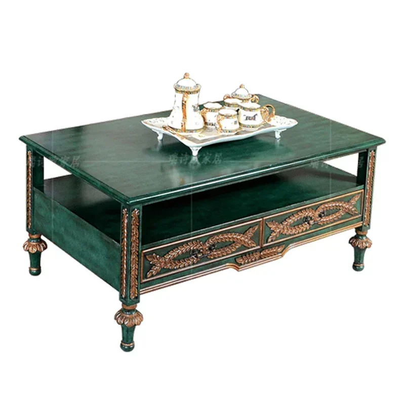 

Solid Wood Tea Table Peacock Green Coffee Table TV Cabinet Combination Living Room Double-Sided Drawer Square Table