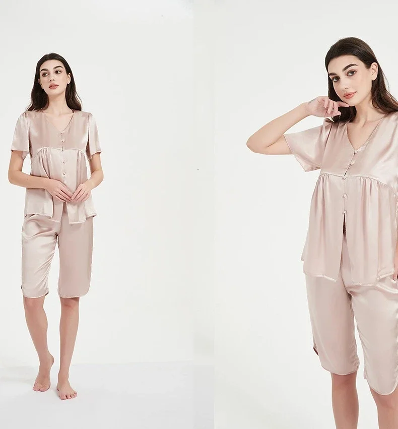 طقم بيجامة حريرية مكون من قطعتين للسيدات 100% ملابس صيفية من حرير التوت PJ برقبة على شكل حرف V وأزرار أمامية وأكمام قصيرة وسروال متوسط الفخذ #5