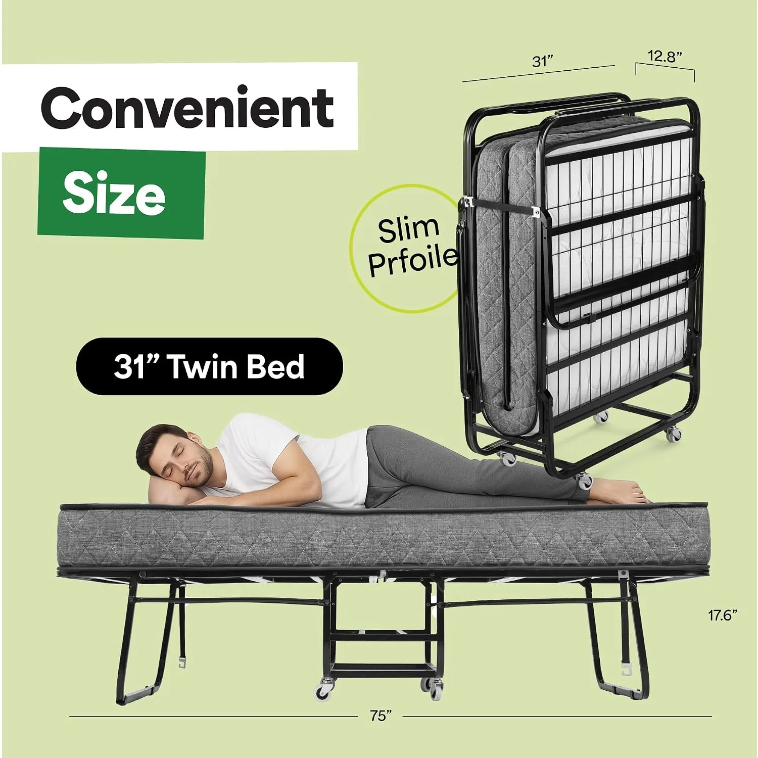 Folding Bed with Mattress - Size Frame - Portable Rollaway Guest Bed with 5-inch Memory Foam Mattress, Customized