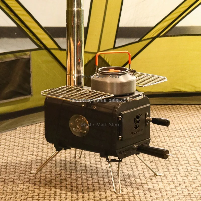 Venta al por mayor, Mini estufa portátil con campana, cocina plegable para acampar en invierno al aire libre con función de quema de leña de calefacción en caliente