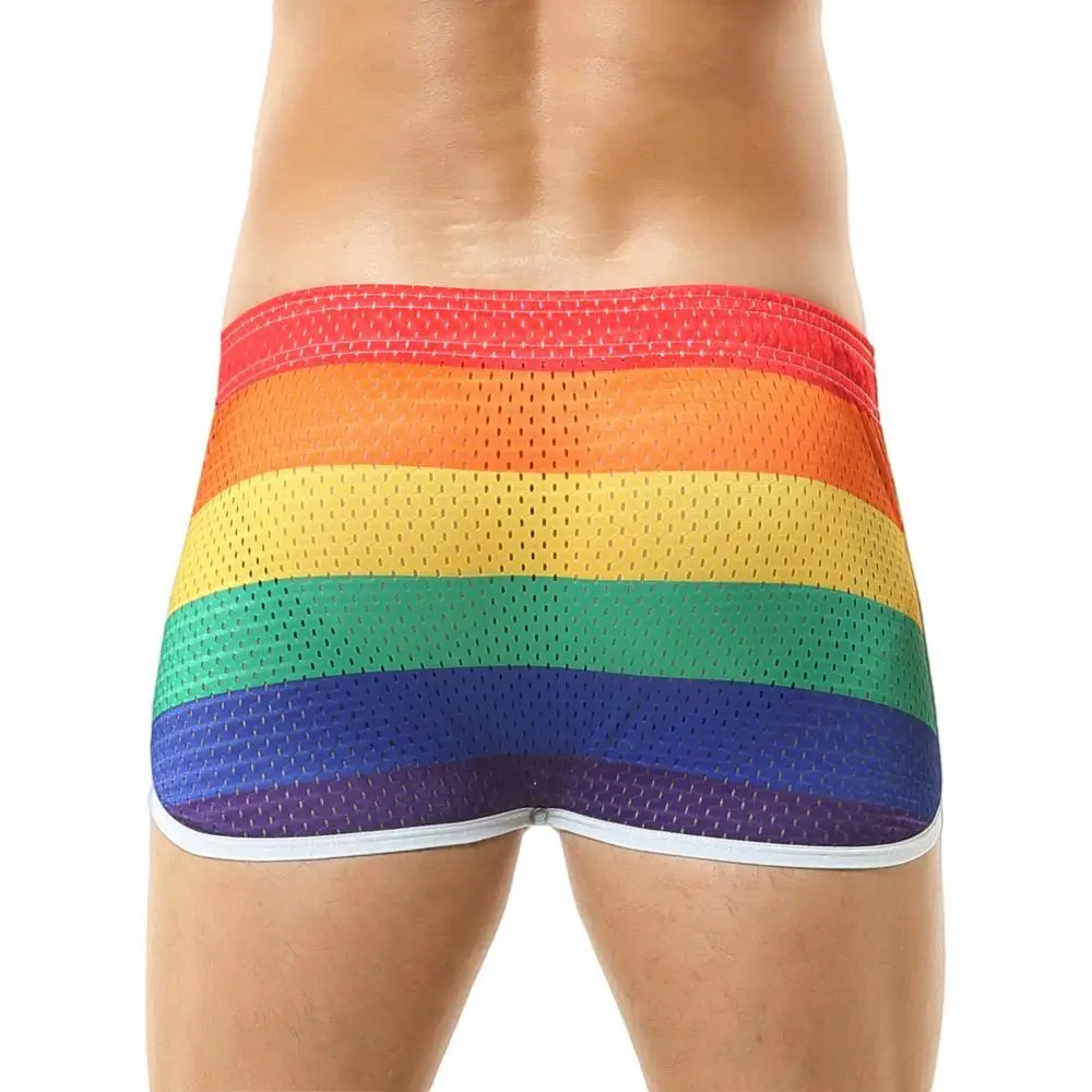 Men\'s Pajamas Shorts Skirts Breathable Mesh Elastic Underwear Boxer Shorts Sexy Homewear Men Sleep Bottoms Rainbow Shorts