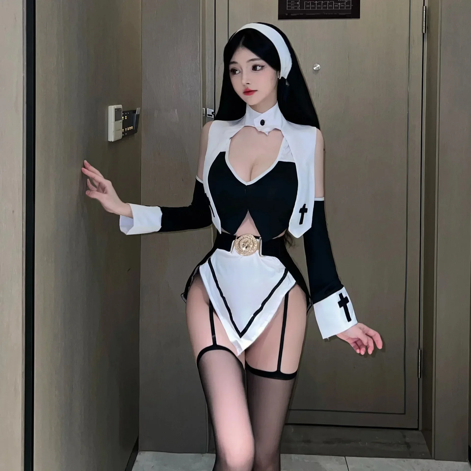 

2025-vetements Sexy de nonne de punition originale, ensemble de tentation de jeu de role, uniforme ajoure, vetements de maison