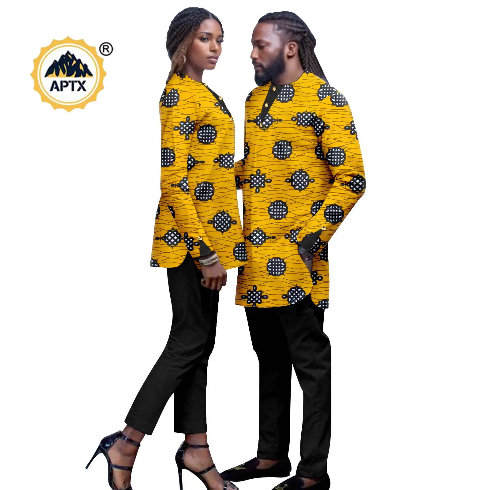 Dashiki African Print Clothes for Men Matching Couple Outfits Bazin Riche Women Ankara Button Top Shirt and Pant Sets 24C058