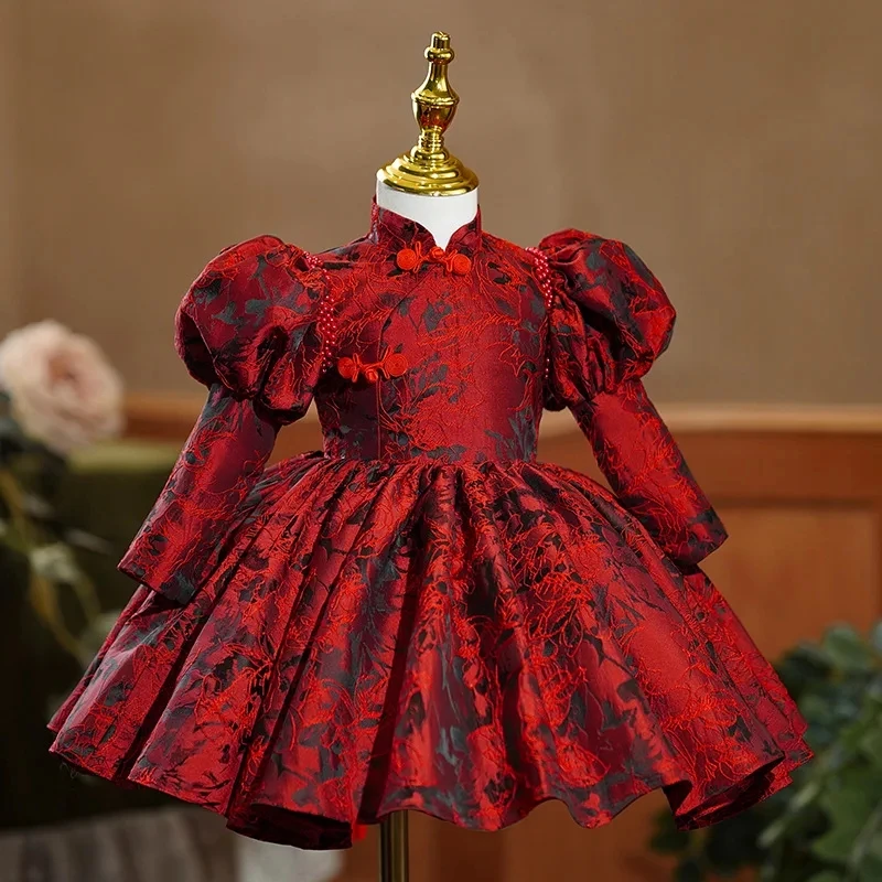 

Newborn clothing Baby girls dress New Year Long sleeved wine red Jacquard princess tutu dress infant 1st birthday party clothes