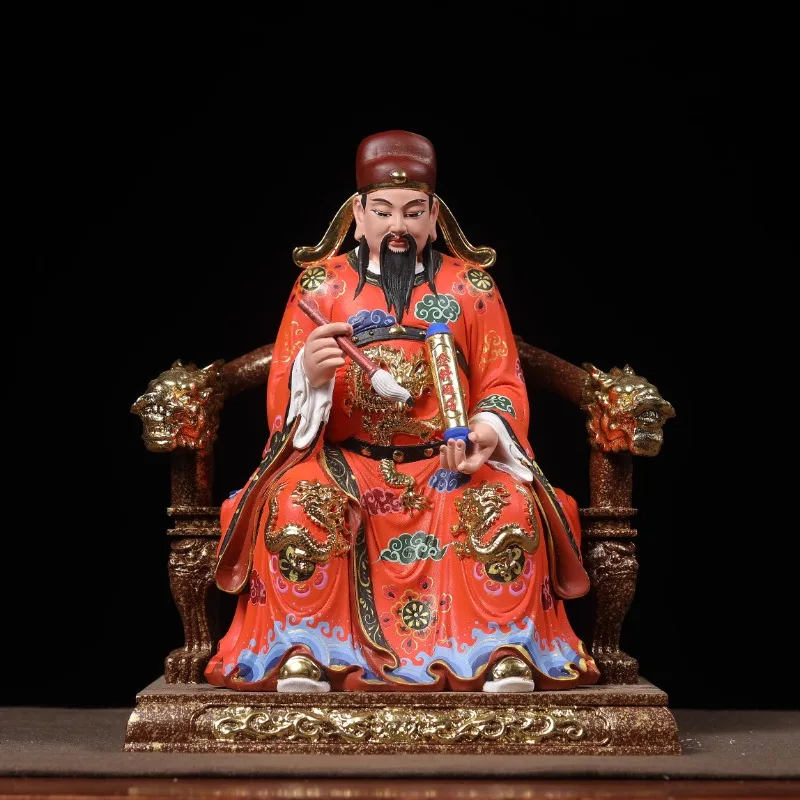 Hand Carved Wooden Painted Gilded Wenchang Dijun Statue w/ Brush Scroll - God of Exams Study Success Ornament Home Office Desk