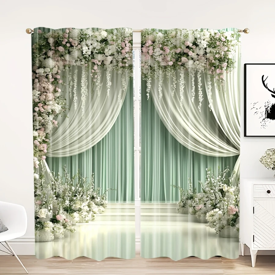 2PCS Digital Printed Curtains, French Flower Cluster Pattern, Beautiful Window Drapes for Living Room Bedroom Home Decor