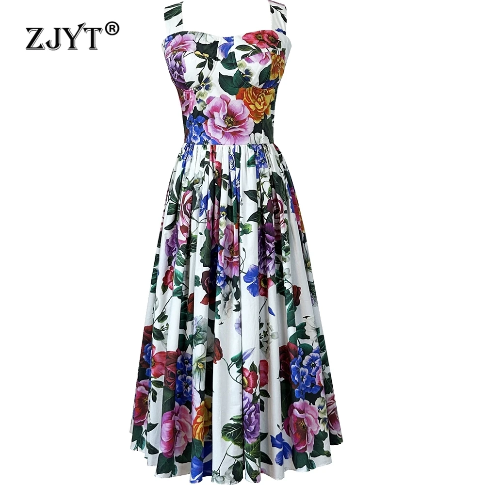 

ZJYT Women's Floral Print 100% Cotton Dress Spaghetti Strap Midi Summer Holiday Party Dresses Camisole Fashion Runway 2025