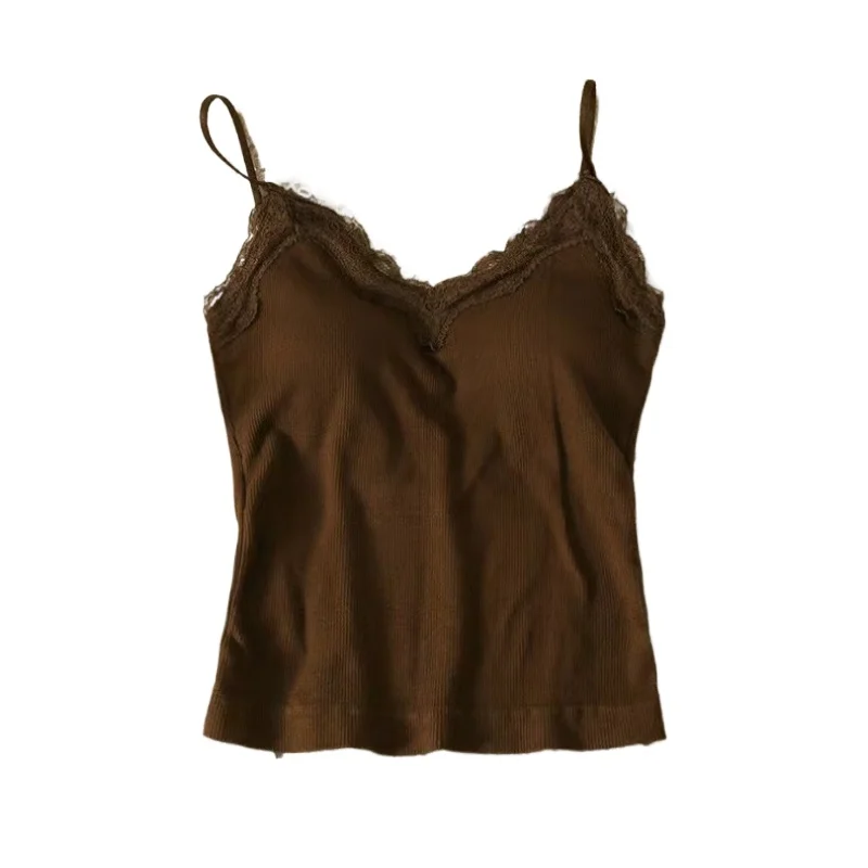 Women Sleeveless Tank Tops Solid Color Korean Version V Neck Slim Fashion Lace Stitching With Chest Pad Camisole