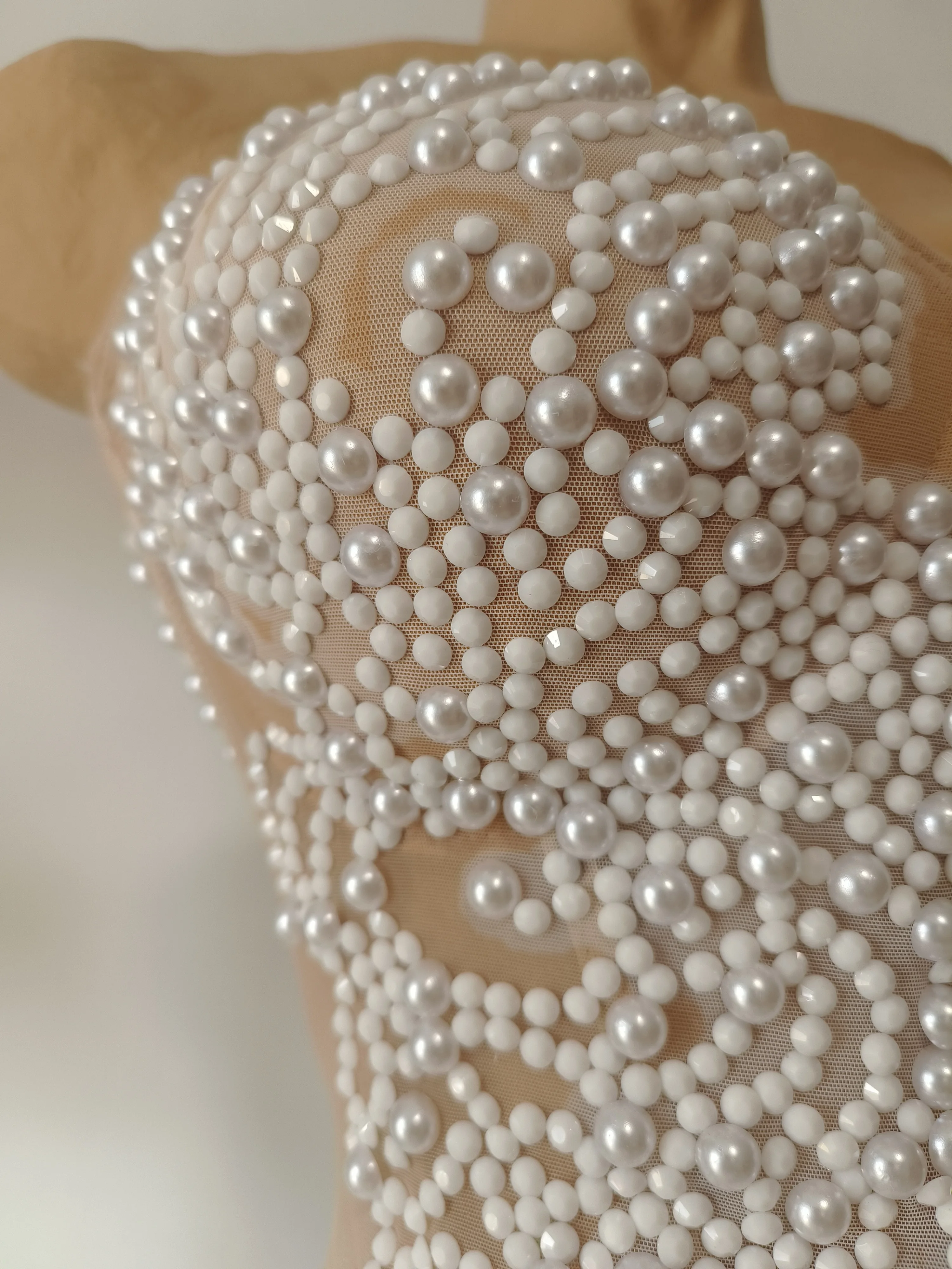 Elegante Glanzende Parels Strapless Mesh Sheer Maxi Jurk Vrouwen Avond Verjaardagsfeestje Sexy Nachtclub Bar Prestaties Stadiumkostuum