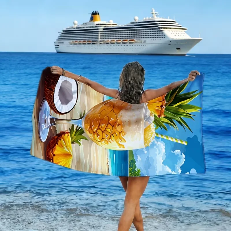 Super Sized Soft Ultra-fine Fiber Beach Towel Themed Tropical Beverage Pattern Quick Drying and Sand Prevention Fitness Yoga