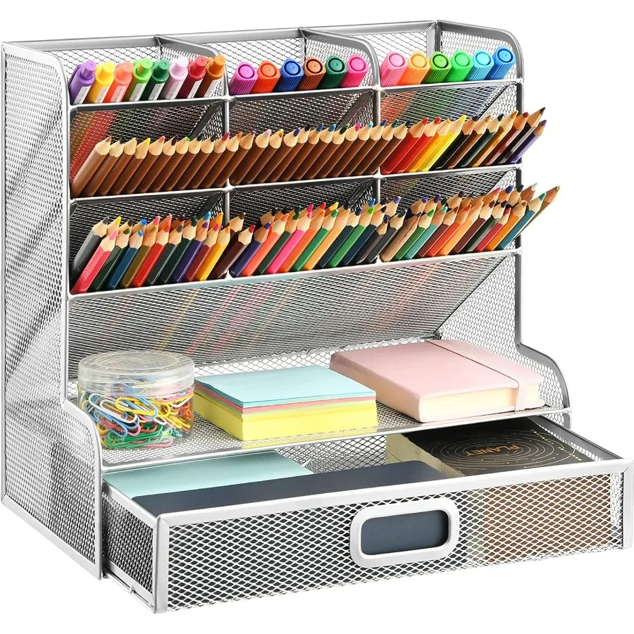 

Larger Mesh Desk Organizer with Drawer for Office Art Supplies: Multi-Functional Pen Pencil Holder with Storage Drawer Silver M