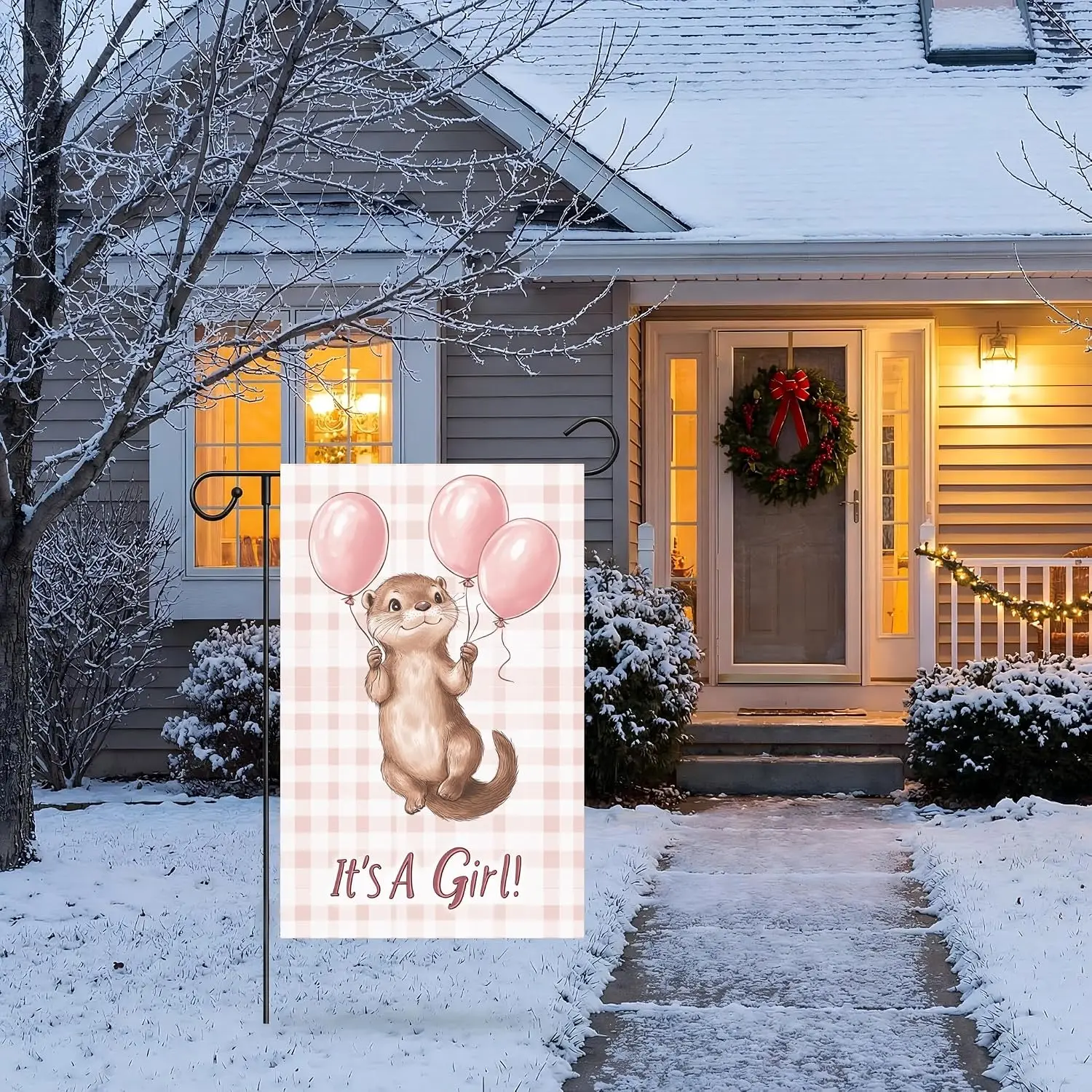 It's A Girl Garden Flag - 12x18 Inch Double Sided Otter Balloons Baby Girl Birthday Banner Outdoor Yard Decoration MMZ
