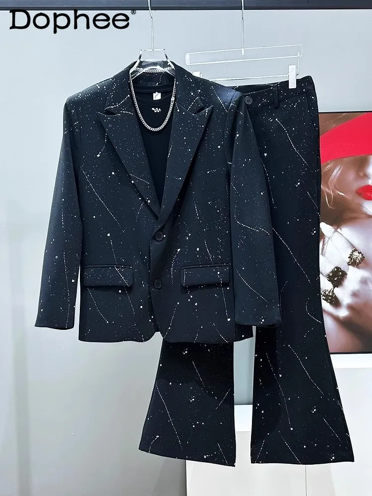

Men's 2025 Starry Sky Design 2pcs Solid Color Blazers Men's Loose Shoulder Padded Trendy Suit Jackets Tops Pants Two-piece Set