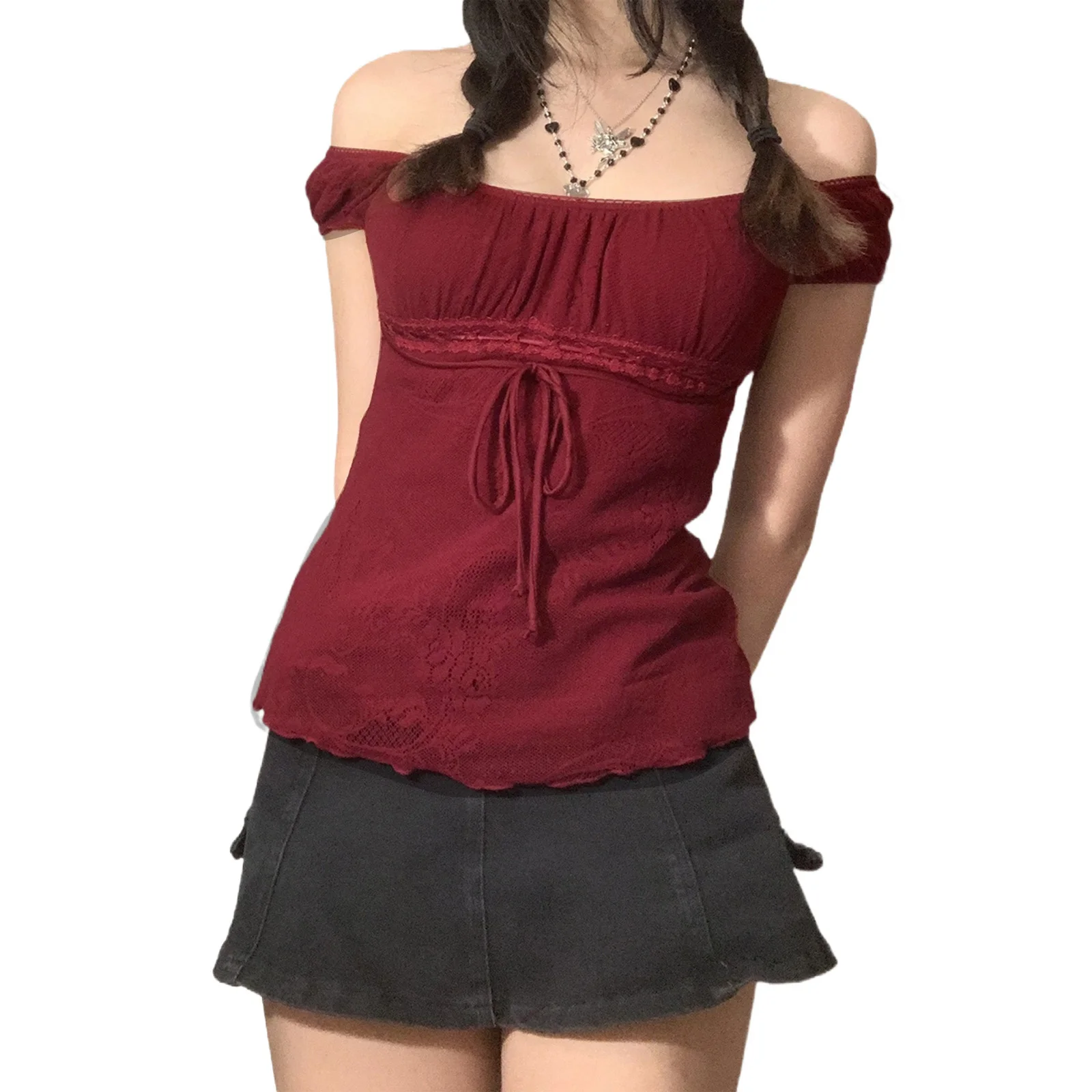 Women´s Lace Flower Crochet Tops, Cap Sleeve Low Cut Drawstring T-shirt Female Off Shoulder Clothing