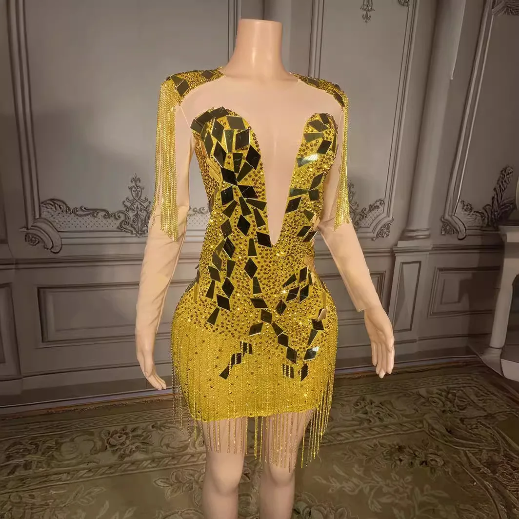 เครื่องแต่งกายวันเกิด Gold Silver Sequins คริสตัลพู่ชุดเซ็กซี่เซ็กซี่ Vestidos De Noche Elegantes งานแต่งงานชุดยาว