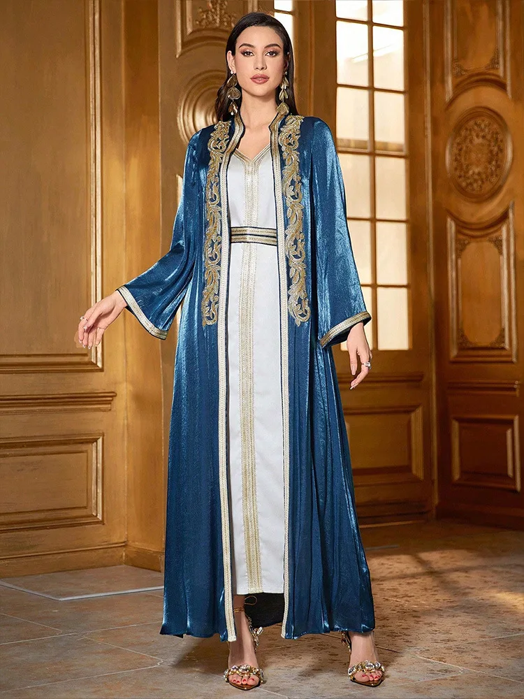 Saudi Arabic Kimono Cardigan and Inner Dress Muslim Matching Set for Women Dubai Luxury Abaya Turkey Kaftan Eid Djellaba Caftan