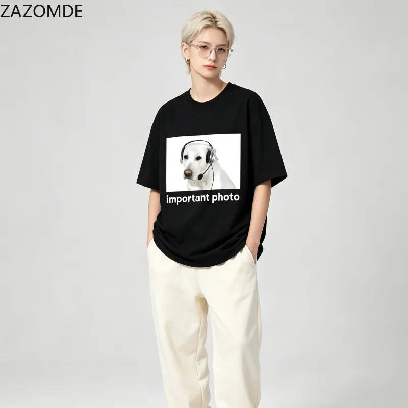 ZAZOMDE Unisex Casual Short Sleeve T-Shirt Important Photo Labrador With Headset Graphic Print Hip Hop Streetwear Tops