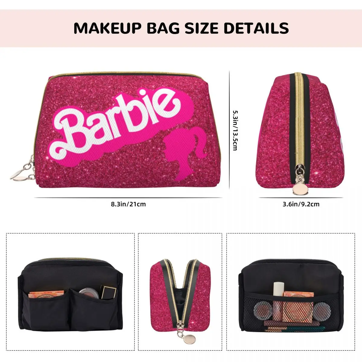 Pink Barbie Girl Leather Makeup Bag Trendy Large Capacity Cosmetic Bag Merch Women Zipper Beauty Toiletry