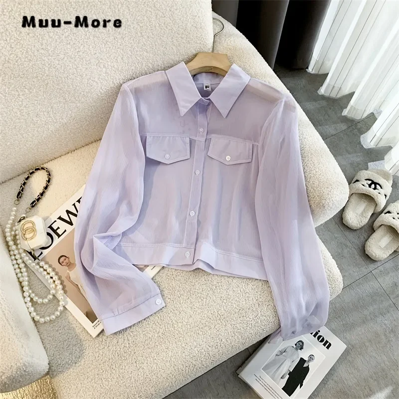 2024 Summer Casual Korean Style Purple Turn-down Collar Blouses Women's Vintage Single Breasted Chic Long Sleeve Soft Shirts