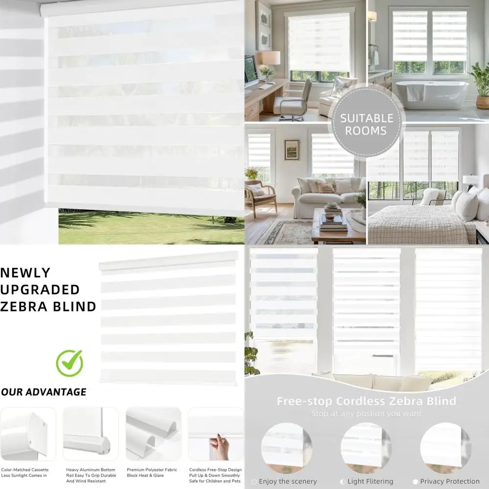 

White Dual-Layer Cordless Zebra Blinds, 22x72, Privacy & Light Filtering Shades for Home & Office