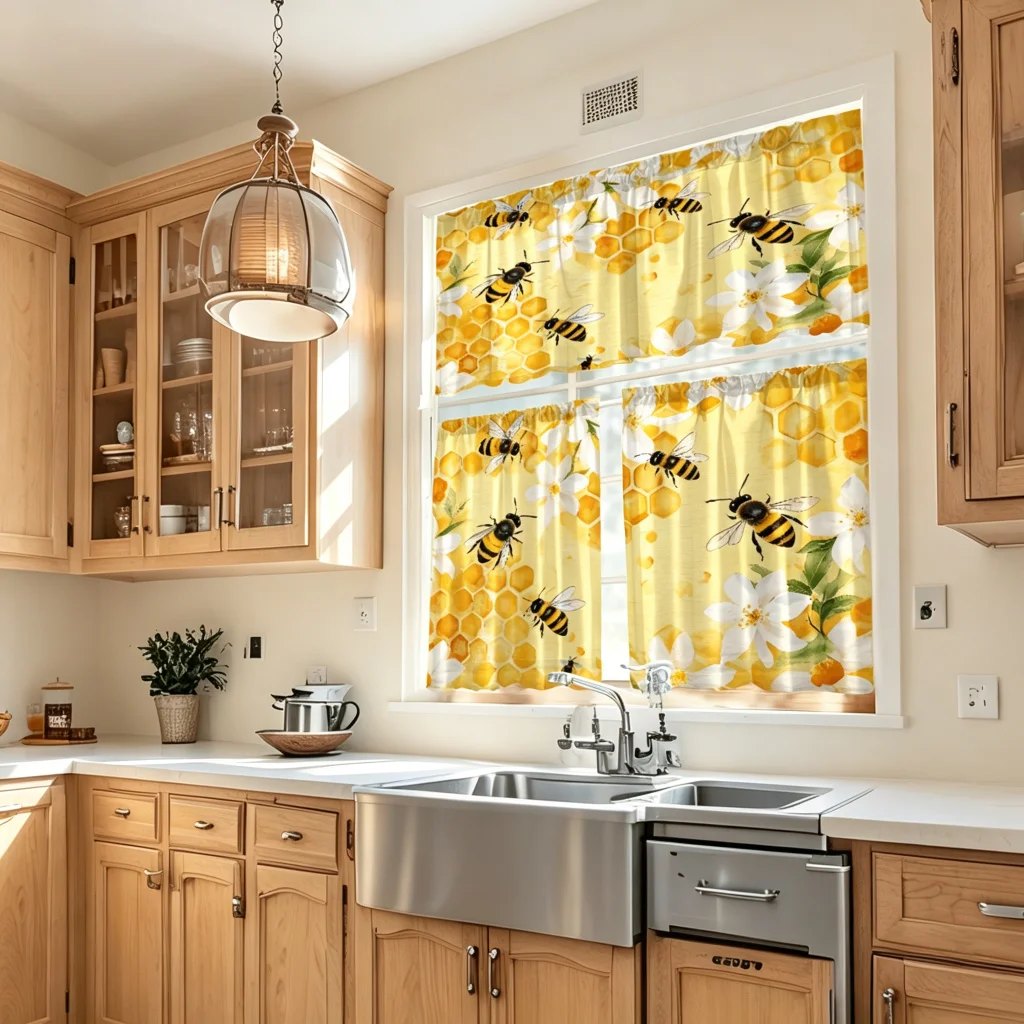 Short Kitchen Curtains Set, Honey Bee Floral Print, Farmhouse Style, Valance and Tier Curtains, Great Kitchen Window Decor