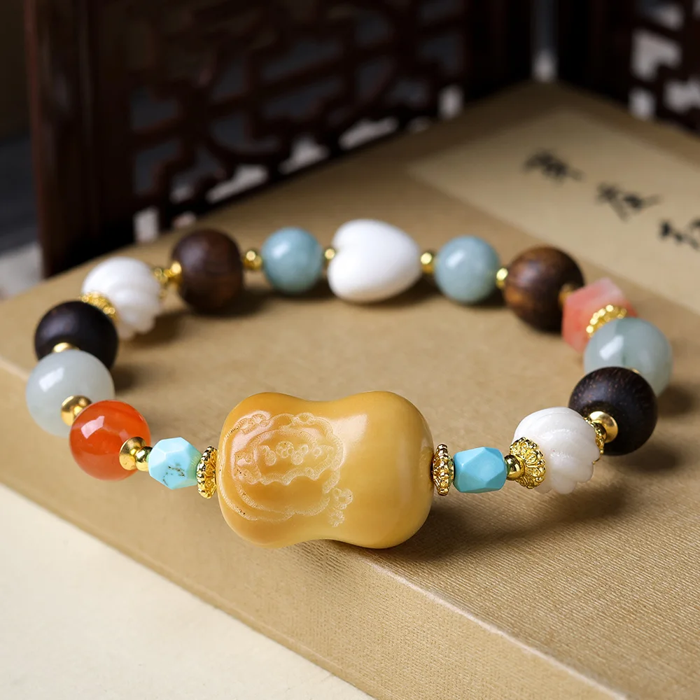 Charcoal Burned Tagua Nut Bracelet with Antler Heart South Red Agate Tianshan Jasper and Agarwood Beads for Women Gifts