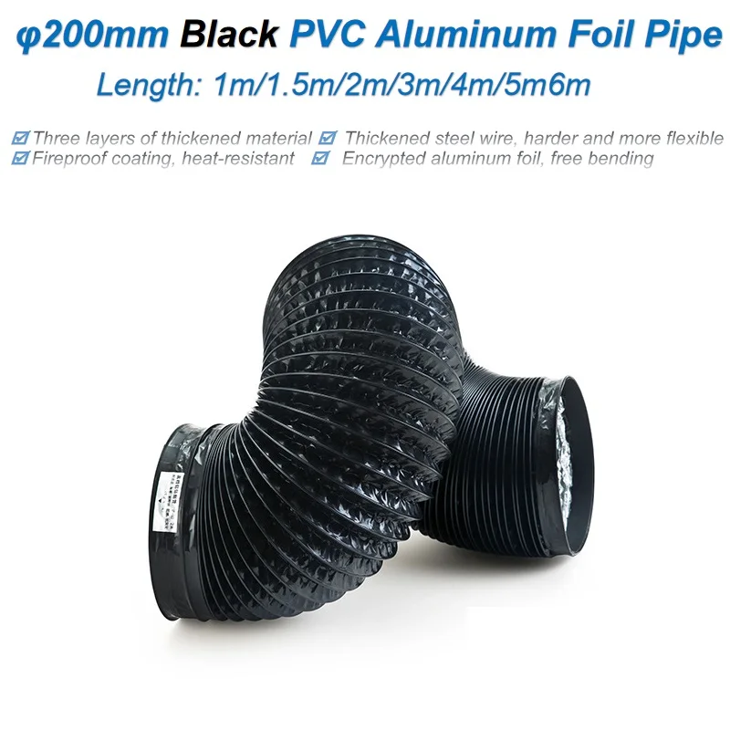 ∅200mmx1m-6m PVC Folia aluminiowa Rura wentylacyjna Czarna kompozytowa Elastyczna skalowalna rura dymna Kuchenny wylot wentylatora Przewód wentylatora
