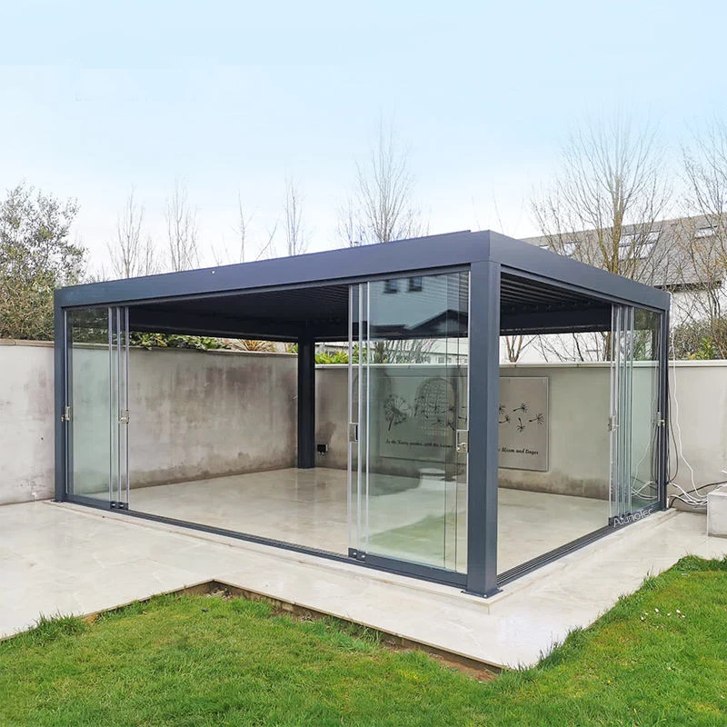 4x3m 3x4m Motorized Aluminum Pergola with Glass Sliding Doors LED Lights All-season Use - view 3