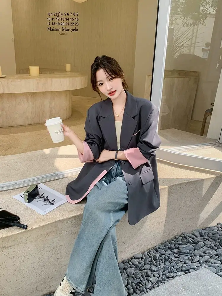 Insozkdg سترة بدلة متباينة على الموضة باللون الرمادي للنساء للربيع والخريف سترات جديدة فضفاضة غير رسمية للسيدات