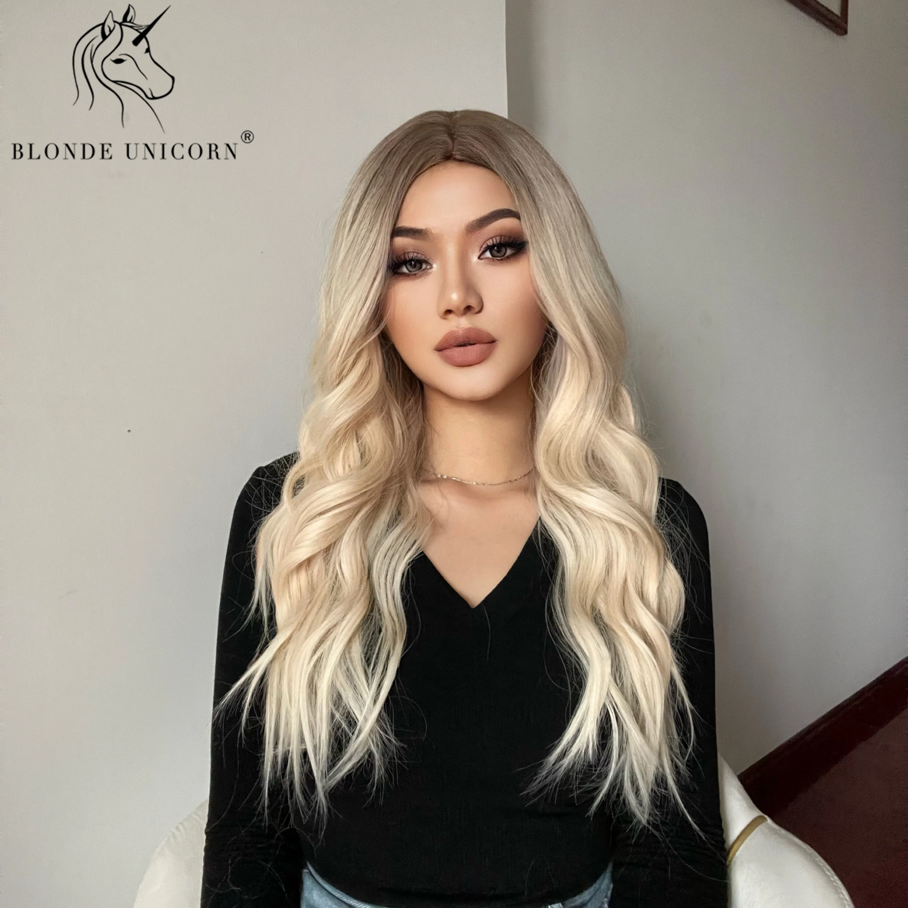 Blonde Unicorn Synthetic Wig Ombre Brown to Platinum Long Wigs Middle Part Hair Wig Daily Wavy Heat Resistant Fiber for Women