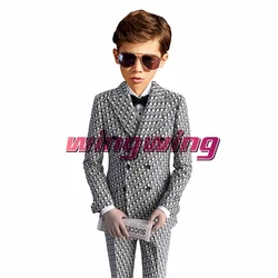 Suit for Boys Double Breasted Jacket Pants Two-Piece Set Letter Print Pattern Fashion Clothes Kids Blazer