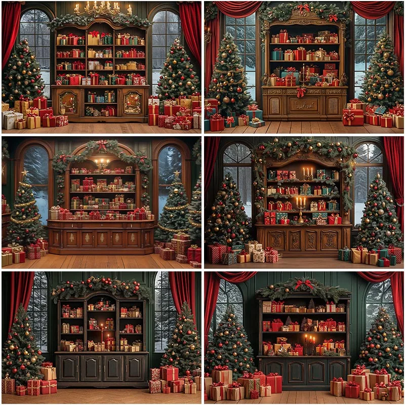 LS Christmas Wooden Cabinet Backdrop Xmas Tree Gift Box Candle Lights Vintage Background for Family Holiday Studio Shoot