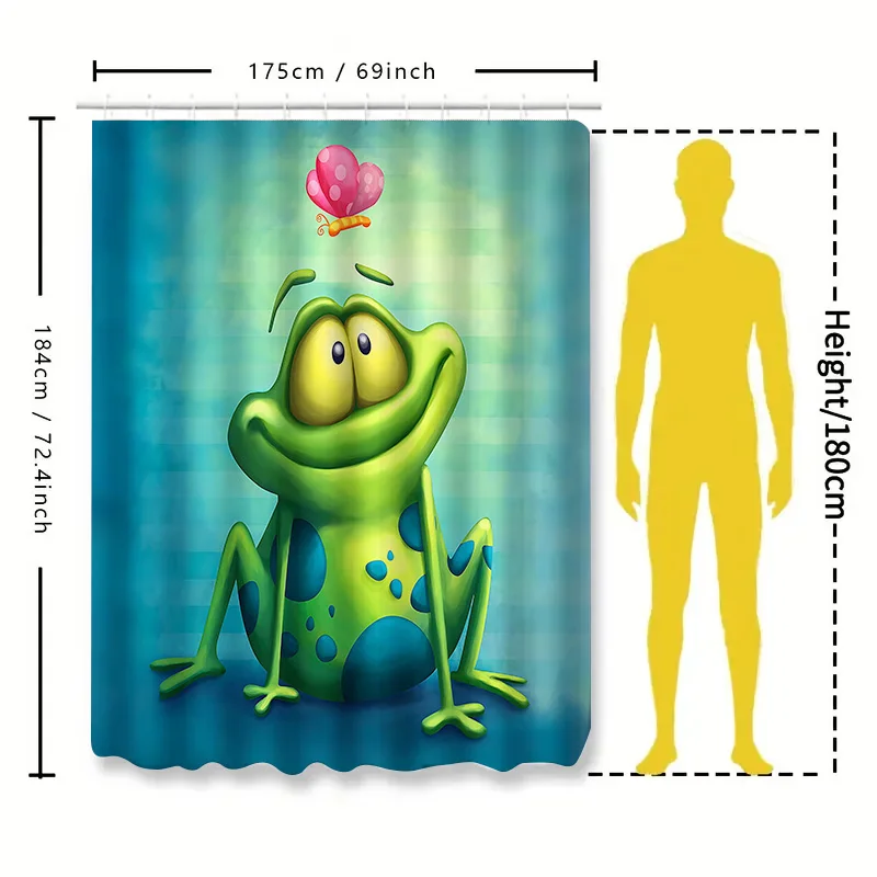 Cartoon Frog Pattern Waterproof Mold-proof Shower Curtain Cute Creative Bathroom Accessory for Home Use with  Complimentary hook