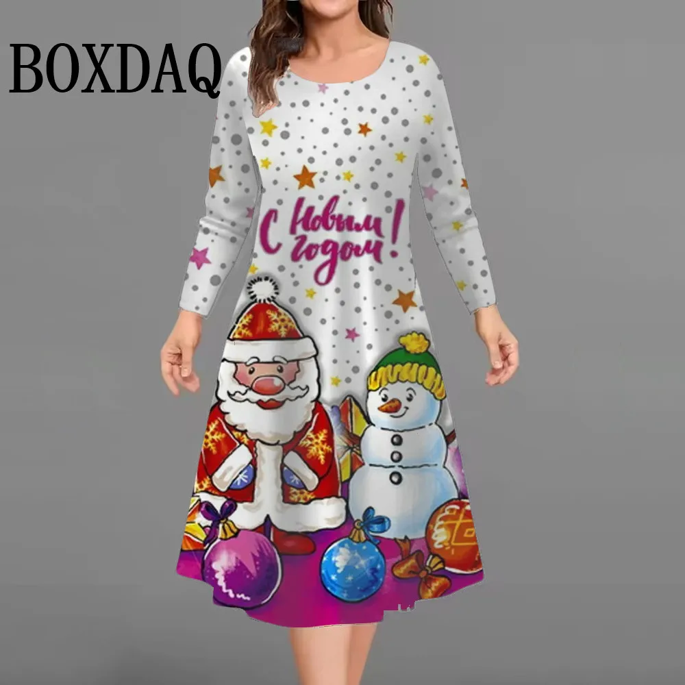 حجم كبير فستان المرأة شجرة عيد الميلاد طويلة الأكمام س الرقبة عيد الميلاد ثلج ثلاثية الأبعاد مطبوعة فستان فضفاض غير رسمي Vestidos امرأة الملابس الشتوية