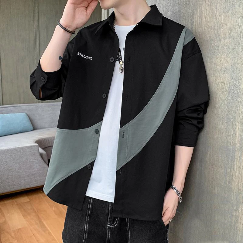 

Men Clothing Spring Autumn Trendy Vintage Contrast Color Streetwear Shirt Casual Lapel Long Sleeve Loose Tops Camisas De Hombre