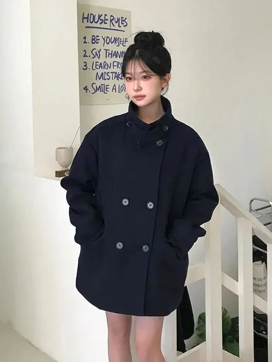 Retro Korean Style Double Breasted Cotton Woolen Coat Women's Autumn Winter Fashion Popular High End Light Maturity Wind Coat