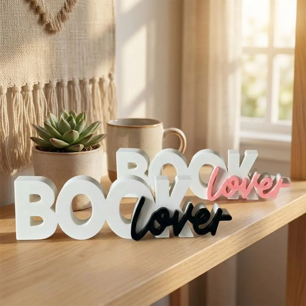 Plastic Book Lover 3D Letter Table Sign 3D Printed Literary Reading Themed Minimal Book Desk Figurine Minimalist Anti-Tip Base