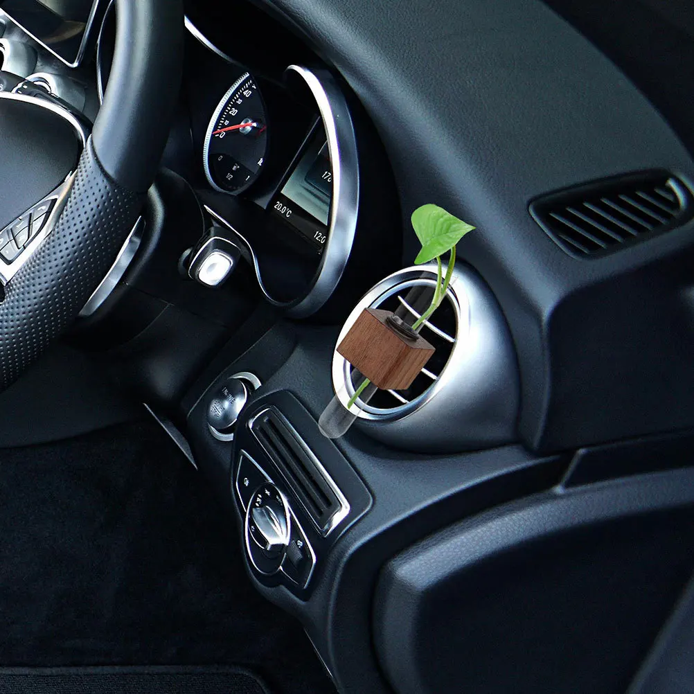 

2Pcs Car Vent Flower Vase Removable Glass Test Tube with Wood Stand Air Outlet Clip Plant Holder Auto Interior Decoration