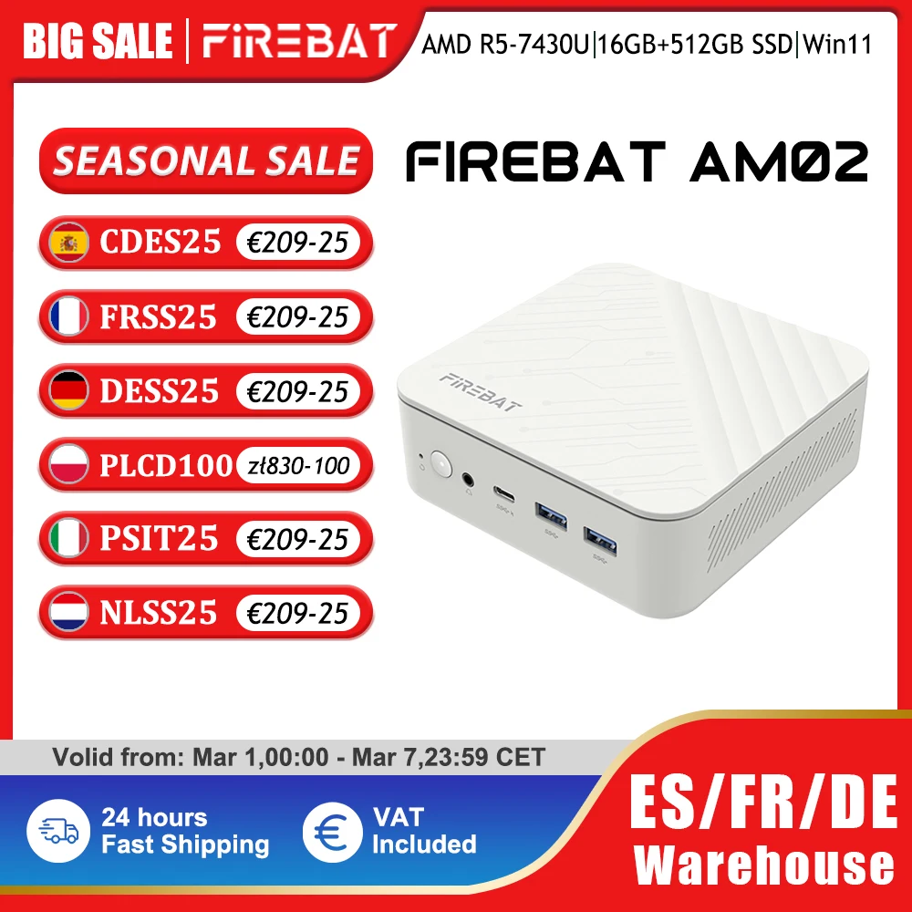 FIREBAT AM02 MINI PC AMD Ryzen 5 7430U Windows 11 Mini PC 16GB DDR4 3200MHz 512GB SSD Wifi 6 BT5.2 HDMI 2,1 computadora de escritorio