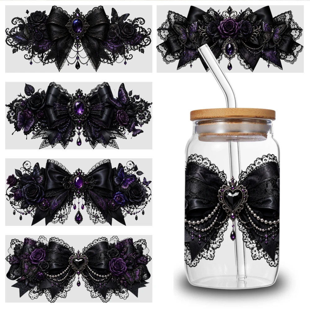 5 Sheets Gothic Lace Bow UV DTF Stickers Waterproof Rub on Transfers UV DTF Transfer Stickers for Glass Cups Suitable for 16 oz