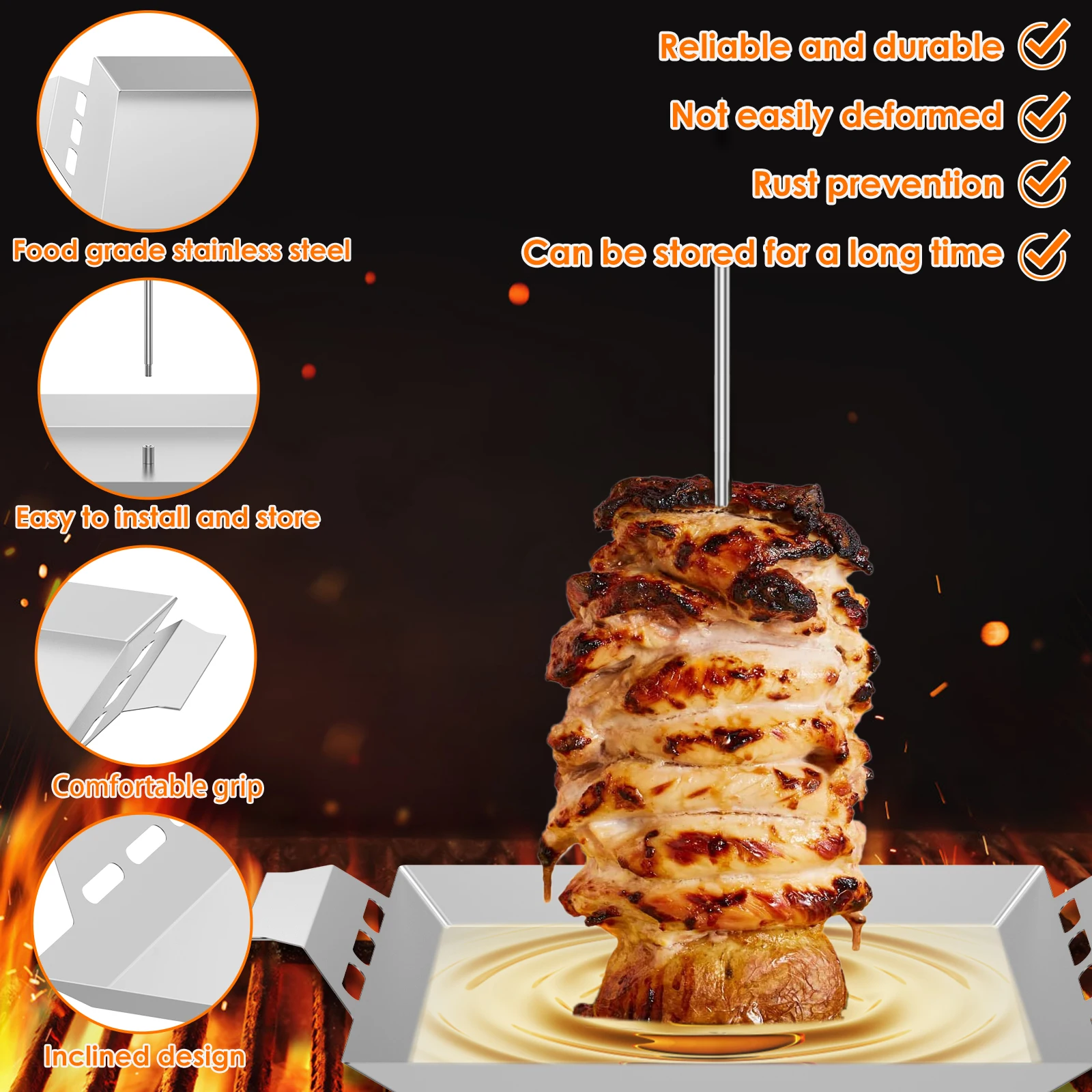 Stainless Steel Al Pastor Skewer Vertical Skewer with 3 Different Sizes Spikes and Handles Brazilian Vertical Spit Stand BBQ