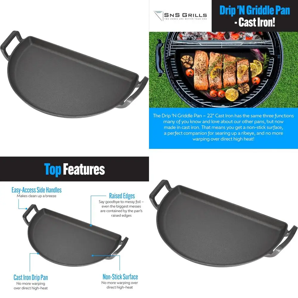 

22 Cast Iron Drip 'N Griddle Pan - 3-in-1 Grill Accessory for Searing, Griddle, and Drippings