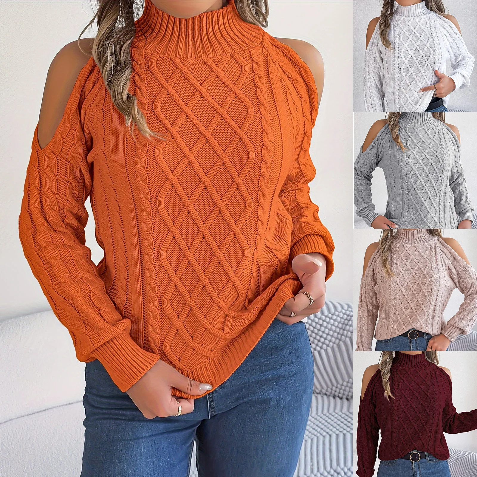 Women Autumn Winter Casual Twist Off Shoulder Hollow Out Semi-turtleneck Long-sleeved Pullover Sweater Knitwear