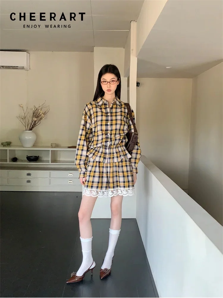 CHEERART Jesień 2025 Żółta Koszula w Kratę z Długim Rękawem Damska Koszula Zapinana na Guziki Bluzka Styl Jirai Kei Ubrania Jesienne