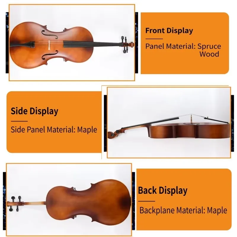 Violoncelle for Beginner Adult Full Side 4/4 3/4 1/2 1/4 1/8 Matte Natural Color Spruce Panel Cello with Cello Case Bow Strings