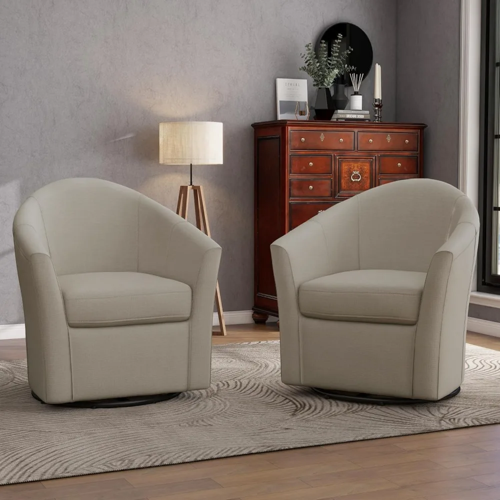 360° Swivel Barrel Accent Chairs Set of 2, Round Arm Chair Upholstered Club Armchair, Single Sofa Seating in Fabric