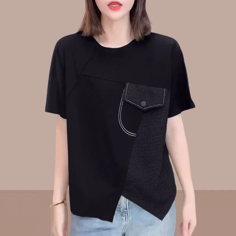 

Нишевый черный топ, женская одежда, новая высококачественная уличная женская одежда, женская свободная футболка с короткими рукавами и плечами